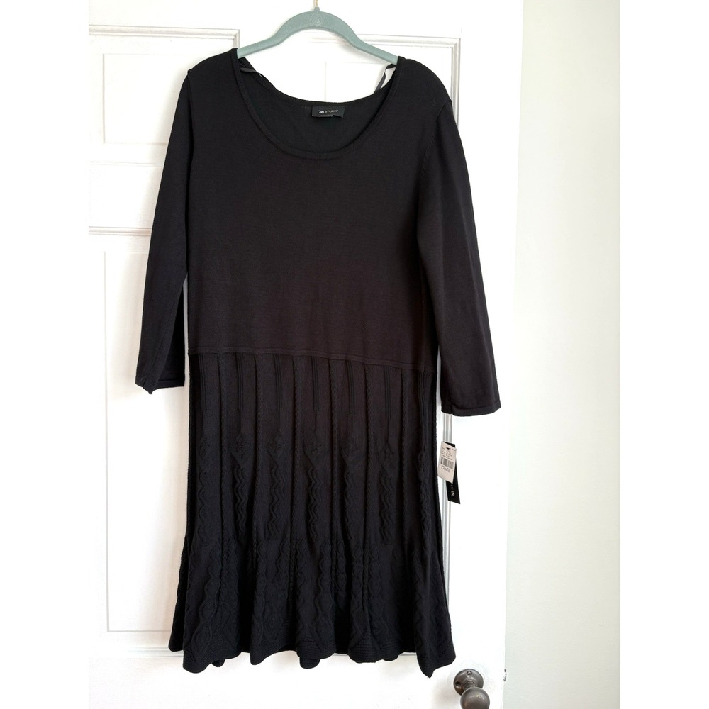 AB Studio Womens Black Knit Sweater Dress 3/4 Sleeve Fit Flare Large 0325P45‎